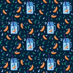 Background with a mug of water. Fruit in a cup and a straw on a dark background. Vector pattern for kitchen textiles with bright lemons. Vector illustration