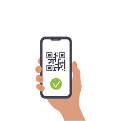 Mobile Cashless Payment system or Scan Qr Code and approval sign vector flat illustration. A hand holding mobile phone. Concept of Digital Banking Service isolated on white. Contactless pay.