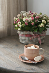 Breakfast with flowers bouquet