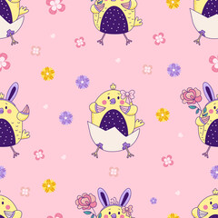 Seamless pattern with cute animals. Easter Chickens - boy and girl with rabbit ears and a flower sit in an egg on a pink floral background. Vector. For design, decora, print, packaging and wallpaper