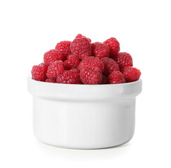 Bowl with fresh ripe raspberry on white background