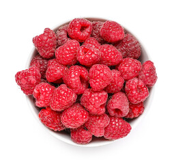 Bowl with fresh ripe raspberry on white background