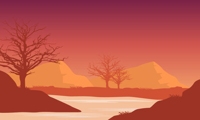 Peaceful afternoon atmosphere from the riverbank with a beautiful natural background view at dusk. Vector illustration