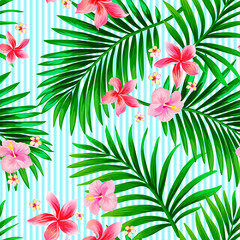 Tropical vector seamless background. Jungle pattern with exitic flowers, and palm leaves. Stock vector. Jungle vector vintage wallpaper