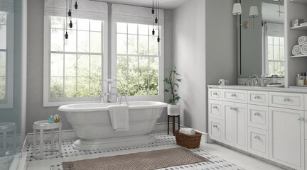 Beautiful grey and white bathroom interior with big window in classic style. 3D Render