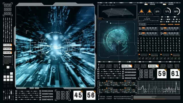 HUD Futuristic holographic scan and Flying in cyberspace with technical information screens. Technology digital abstract background.