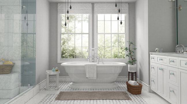 Beautiful grey and white bathroom interior with big window in classic style. 3D Render
