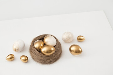 Easter nest with eggs on a white background. Minimal easter concept. Creative isometric style