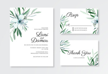 Fototapeta na wymiar Minimalist wedding invitation template with watercolor foliage