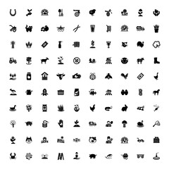 black farming 100 icon set Agriculture. Farming symbols. Isolated vector outline illustrations.