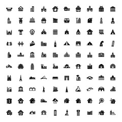 architecture city house construction shop building symbol 100 icons on white background.