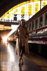Fototapeta na wymiar Young model travels on train at station railway in Summer