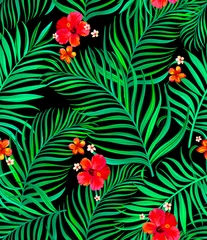 Deurstickers Vector tropical seamless pattern with hibiscus flowers and palm leaves. © Logunova  Elena