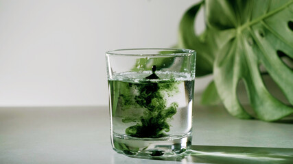 Chlorophyll extract is poured in pure water in glass against a white grey background with green...