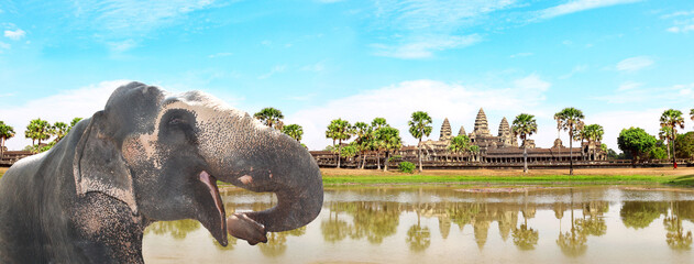 Horizontal banner with elephant and Angkor Wat, Cambodia