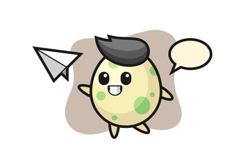 Spotted egg cartoon character throwing paper airplane