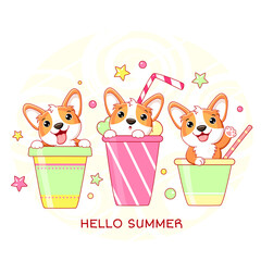 Hello summer. Vacations card with cute corgi dog in cocktail cups