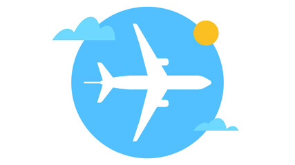 Airplane flying high in the sky. Airplane, sun and clouds icon. Vector modern illustration. Concept of flight, adventure, air travel.