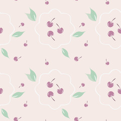seamless pattern with cute cartoon, red cherry and floral shapes on a pink pastel colored background.
