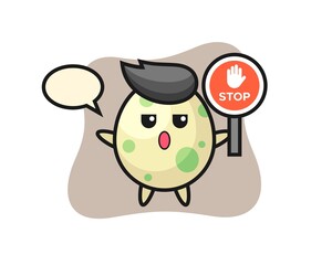 Spotted egg character illustration holding a stop sign