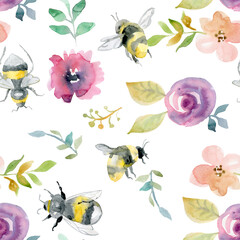 Watercolor summer meadow flowers seamless pattern, yellow wildflowers. Botanical floral texture on white background, natural wallpaper