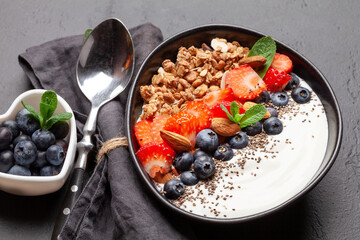 Healthy breakfast with granola, yogurt and fresh berries