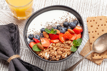 Healthy breakfast with granola, yogurt and fresh berries