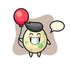 Spotted egg mascot illustration is playing balloon