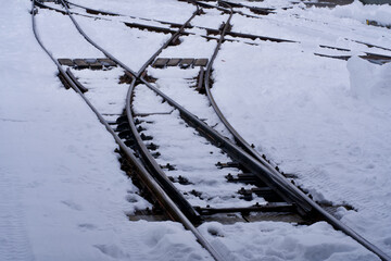 Switch point covered with snow at railway station Mürren, Switzerland.