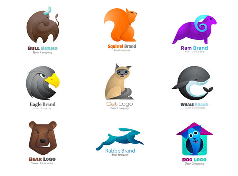 Animal logo collection Bull, squirrel, sheep, eagle, cat, whale, bear, hare, dog symbol.