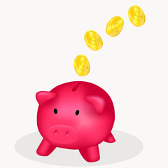 Pink piggy bank with coins isolated on white background. Vector illustration.