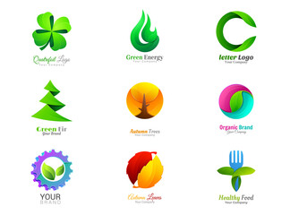 Ecology leaves and symbols Leaf abstract logo template green 3d volume icons. Creative sign. Set vector illustration.
