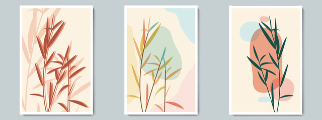Fototapeta na wymiar Botanical Wall Art Vector Poster Spring, Summer Set. Minimalist Foliage with Abstract Simple Shape
