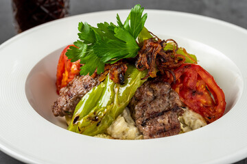Turkish Food Hunkar Begendi made with Eggplant and Meat