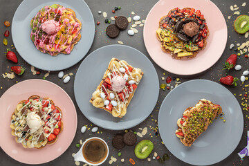 Three different waffles in square, heart and bubble shape.