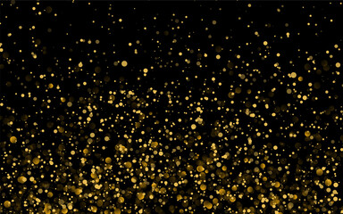 Gold glitter texture on a black background. Golden explosion of confetti. Golden grainy abstract texture on a black background. Design element. Vector illustration.
