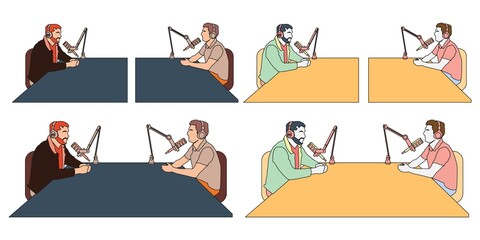 Studio desktop microphone with broadcast text over the air for podcasts, online communication and web conferencing. Vector illustration in a flat style.