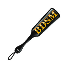 Black spank paddle on white background, lettering BDSM, vector illustration