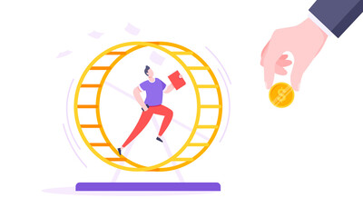 Rat race business concept with businessman running in hamster wheel working hard and always busy
