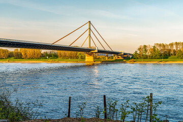 View at the River Rhine and the motorway bridge in Neuenkamp, Duisburg, North Rhine-Westphalia, Germany