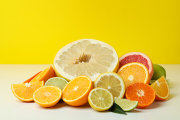 Citrus on white table against yellow background