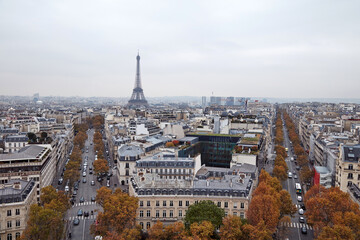 Panoramic view of Paris from Arc de Triomphe, center of Paris.