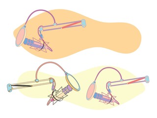 Studio desktop microphone with broadcast text over the air for podcasts, online communication and web conferencing. Vector illustration in a flat style.