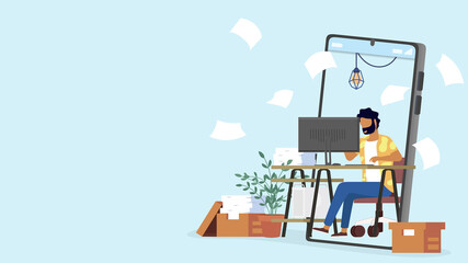 An university student study from home through online laptop computer in minimal vector design. Work from home-online video conference study due to the covid19 outbreak