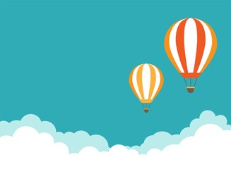 Orange hot air balloon flying in blue sky with clouds. Flat cartoon horizontal background.