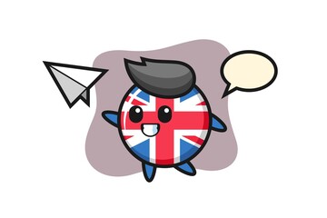 United kingdom flag badge cartoon character throwing paper airplane