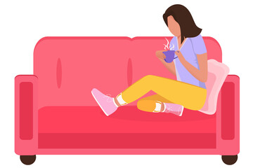 The character is sitting on the couch and holding a cup of tea or coffee. The concept of spending time alone during relaxation or treatment. Quarantine isolation. Vacation, self-care. Stay indoors