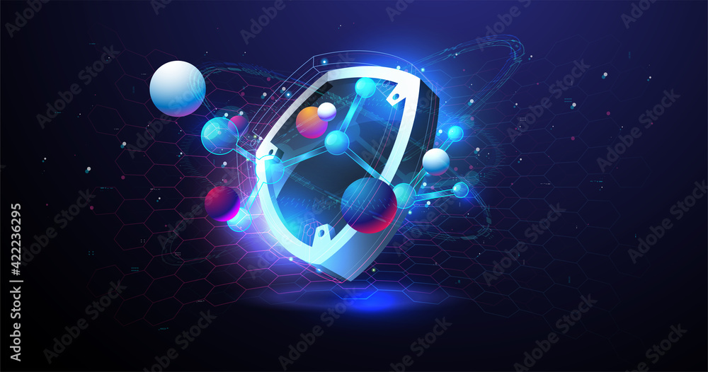 Poster protect and security of safe concept. futuristic glowing guard shield. abstract security digital tec