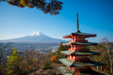 Chureito pagoda and Mount Fuji in the morning, Japan in autumn