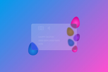 Happy Easter. Transparent credit card. Frosted glass. Colored vector illustration. Glass morphism style. Credit card lettering. Ornament from colored Easter eggs. Isolated colorful background. 